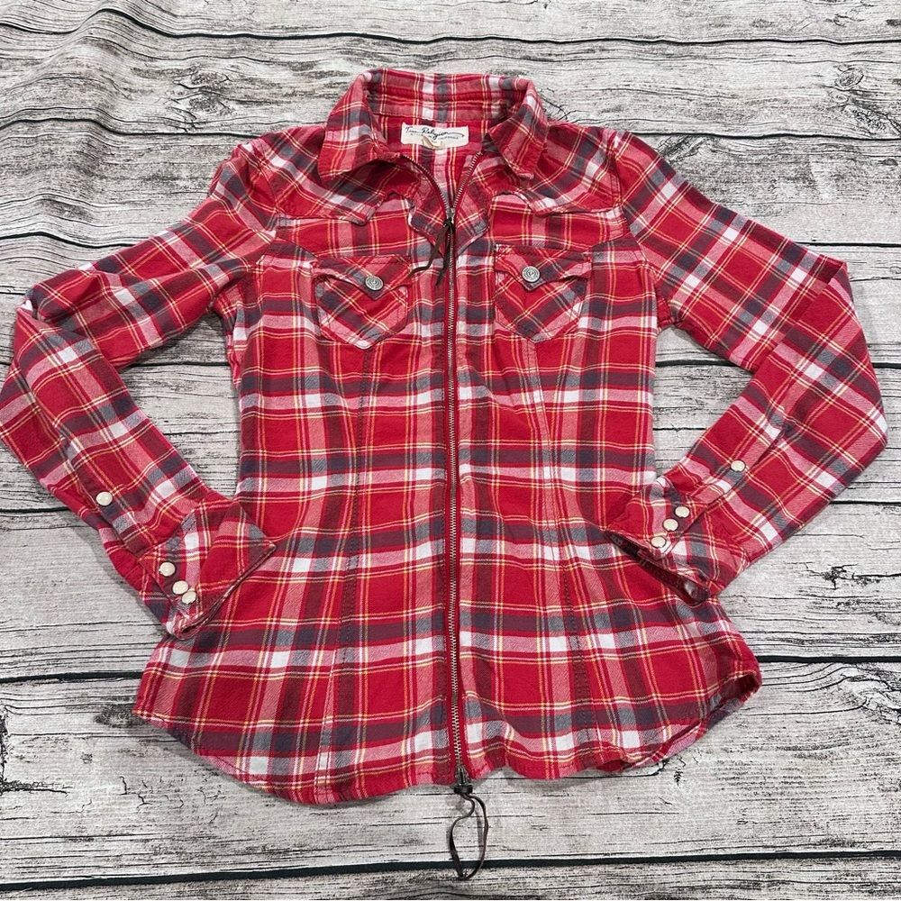 True Religion Red Plaid Double Zipper Western Style Fitted Shirt Size Small